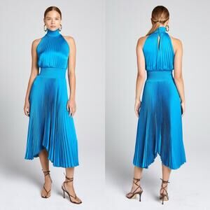 A.L.C. Renzo Sleeveless Smocked Pleated Midi Dress in Blue Green Size 0